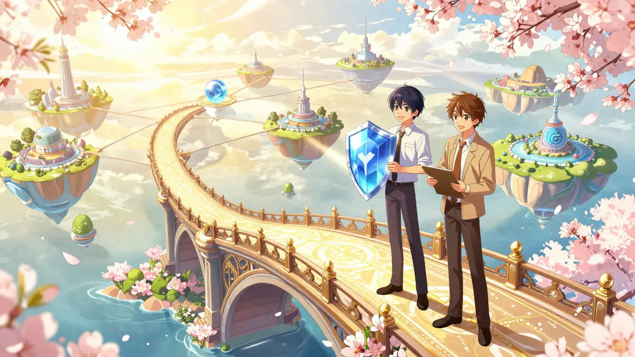 Two anime characters standing safely on a flower-adorned bridge connecting secure digital worlds