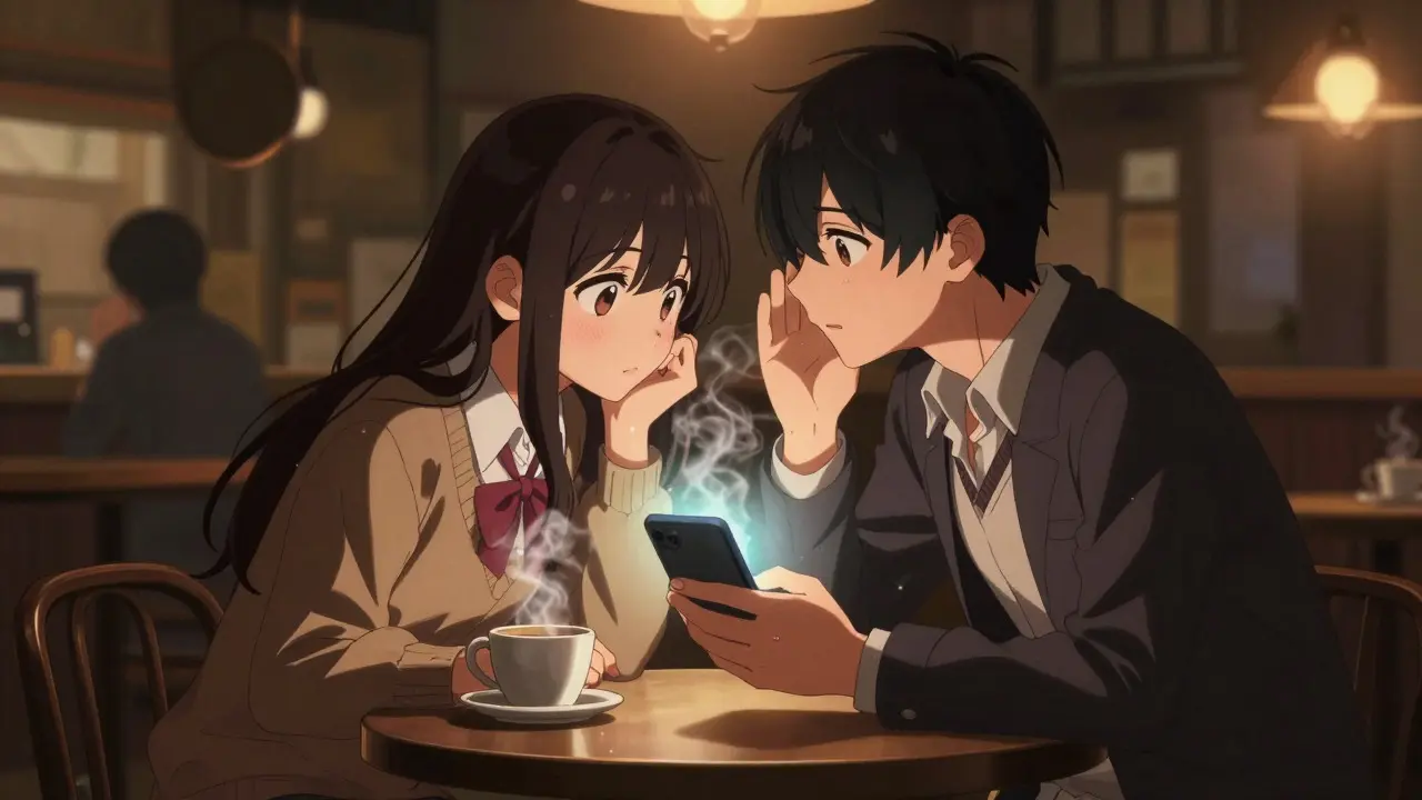 Two people secretly trading cryptocurrency in a dimly lit cafe