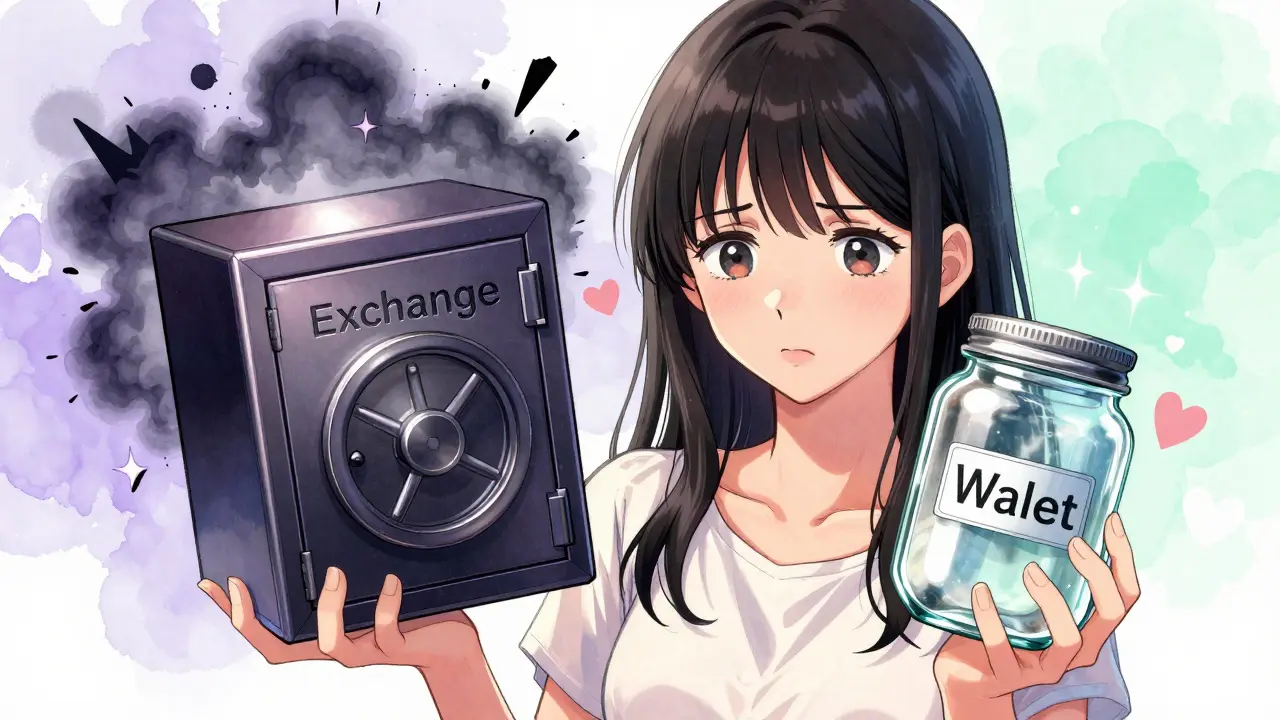 Woman comparing a dark vault box and a transparent jar, illustrating exchange vs wallet risks.