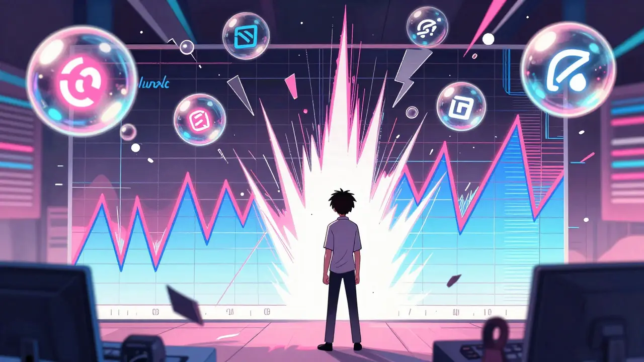 A confused character standing before a chaotic, spiky price chart in a trading scene