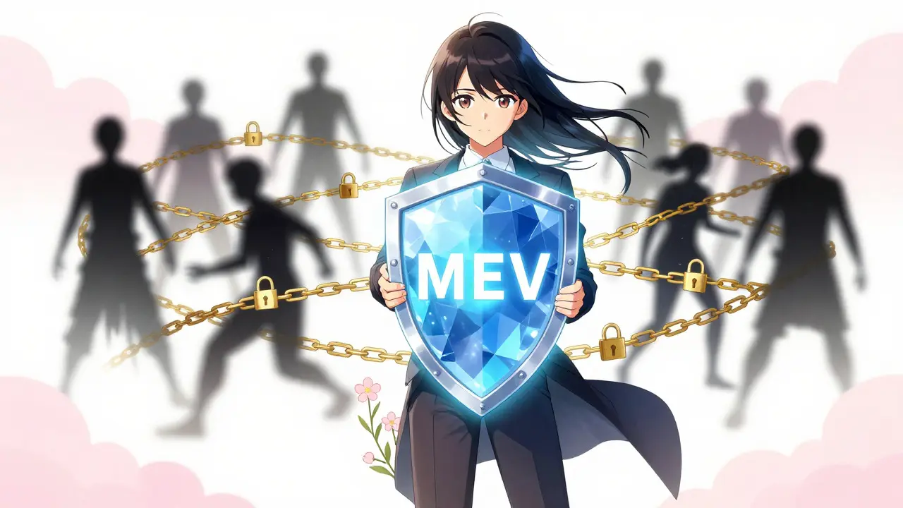 Anime character holding a glowing shield protecting against digital shadows