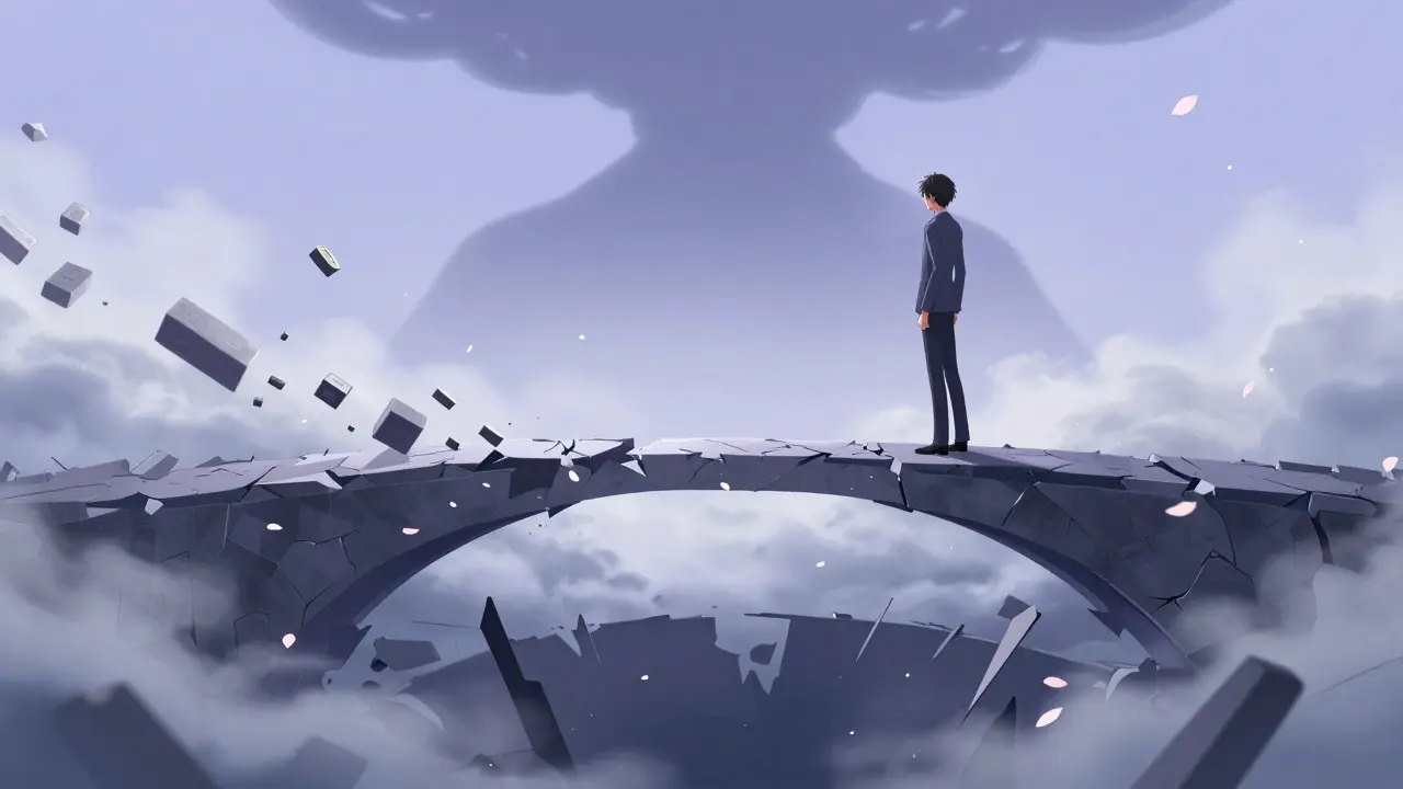 Anime character standing on a crumbling bridge over a void, symbolizing financial risk