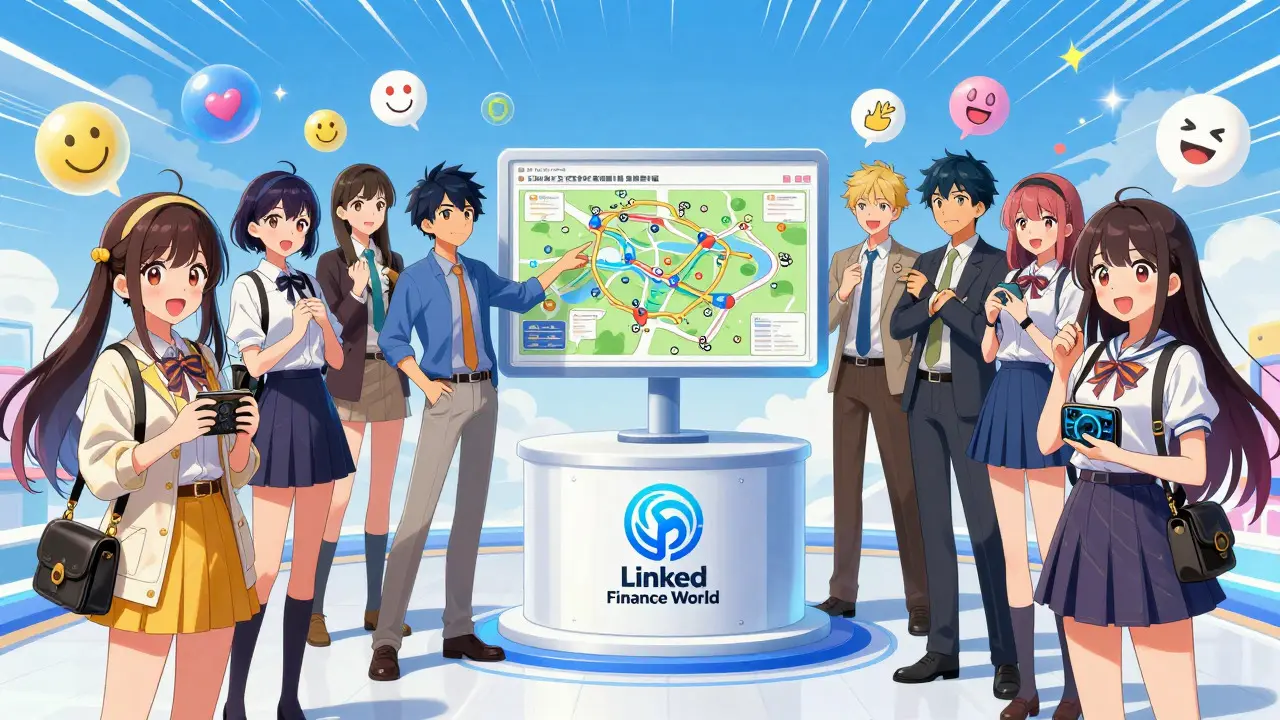 Anime community celebrating around LFW logo in virtual space