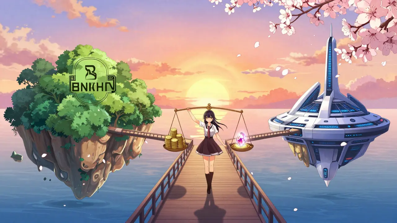 Anime figure balancing tokens on a bridge between networks