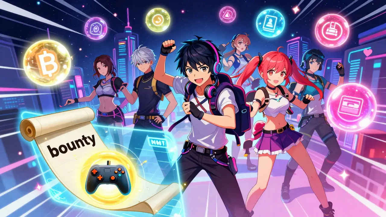 Anime gamers in a neon space city interacting with floating NFT assets