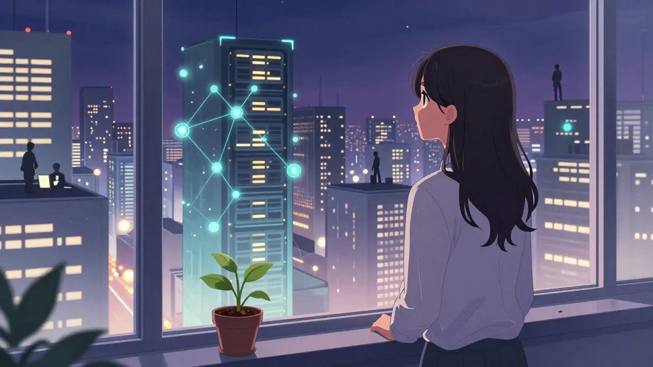 Anime girl looking out a window at a futuristic financial city at night