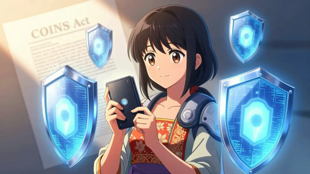 Anime girl protecting crypto with hardware wallet against looming law
