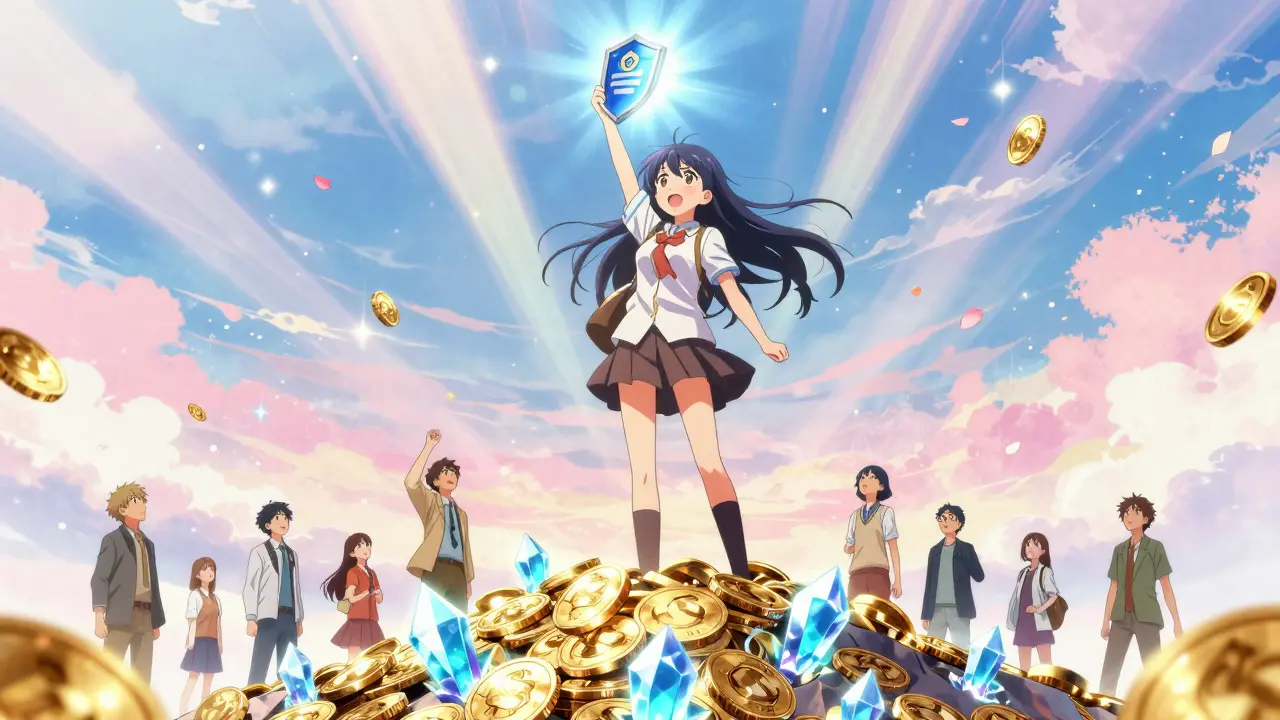 Anime heroine standing triumphantly on a pile of coins with a glowing verification shield