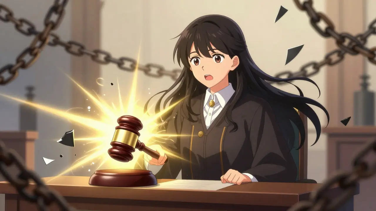 Anime judge striking gavel as chains break in victory