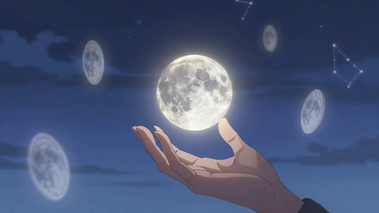 Anime style image of a rare moon-shaped NFT token held in hands