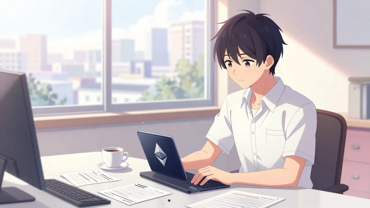 Calm anime girl preparing crypto wallet strategy in a sunlit room.