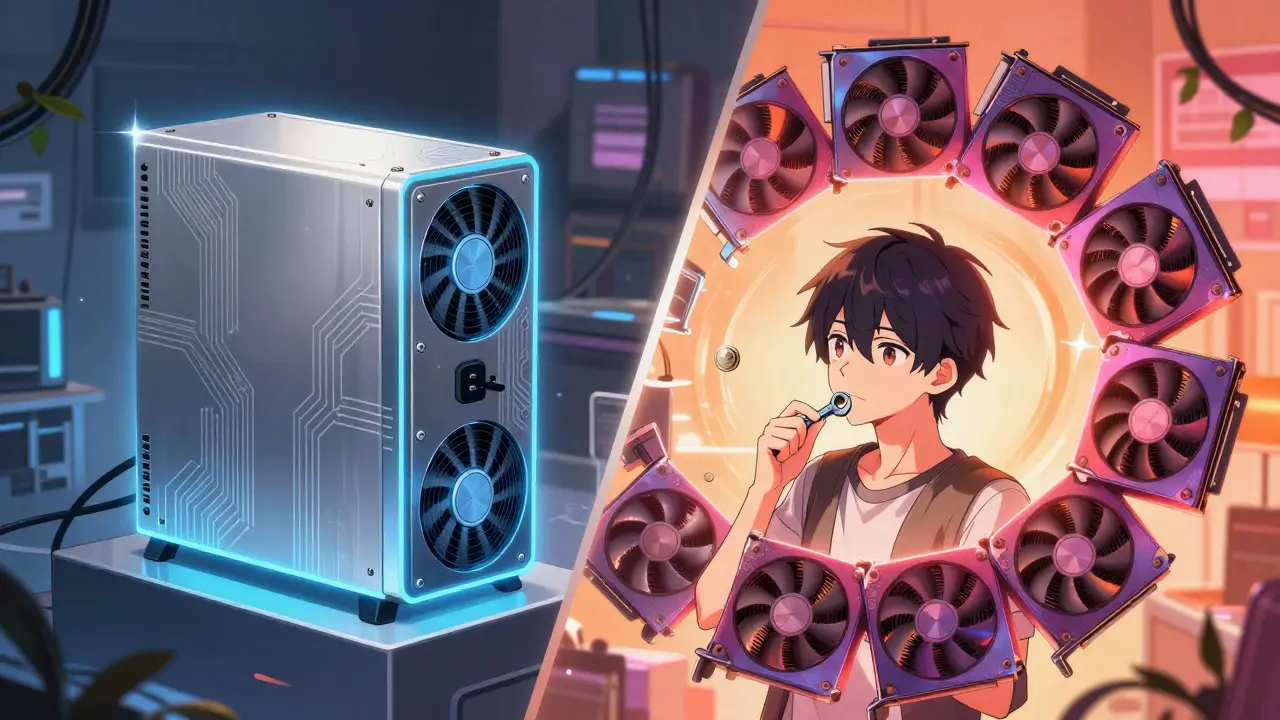 Character comparing a sleek ASIC miner and colorful GPUs in a workshop
