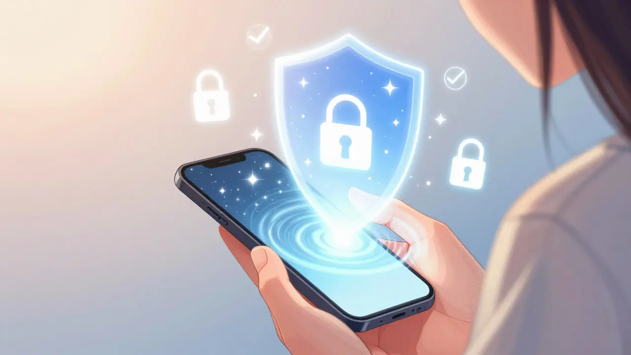 Character holding a phone with a protective light shield in shoujo manga style