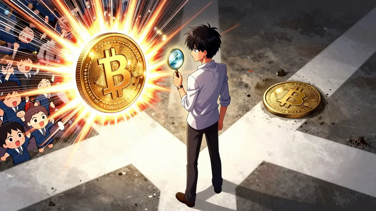 Character verifying crypto asset at a glowing crossroads