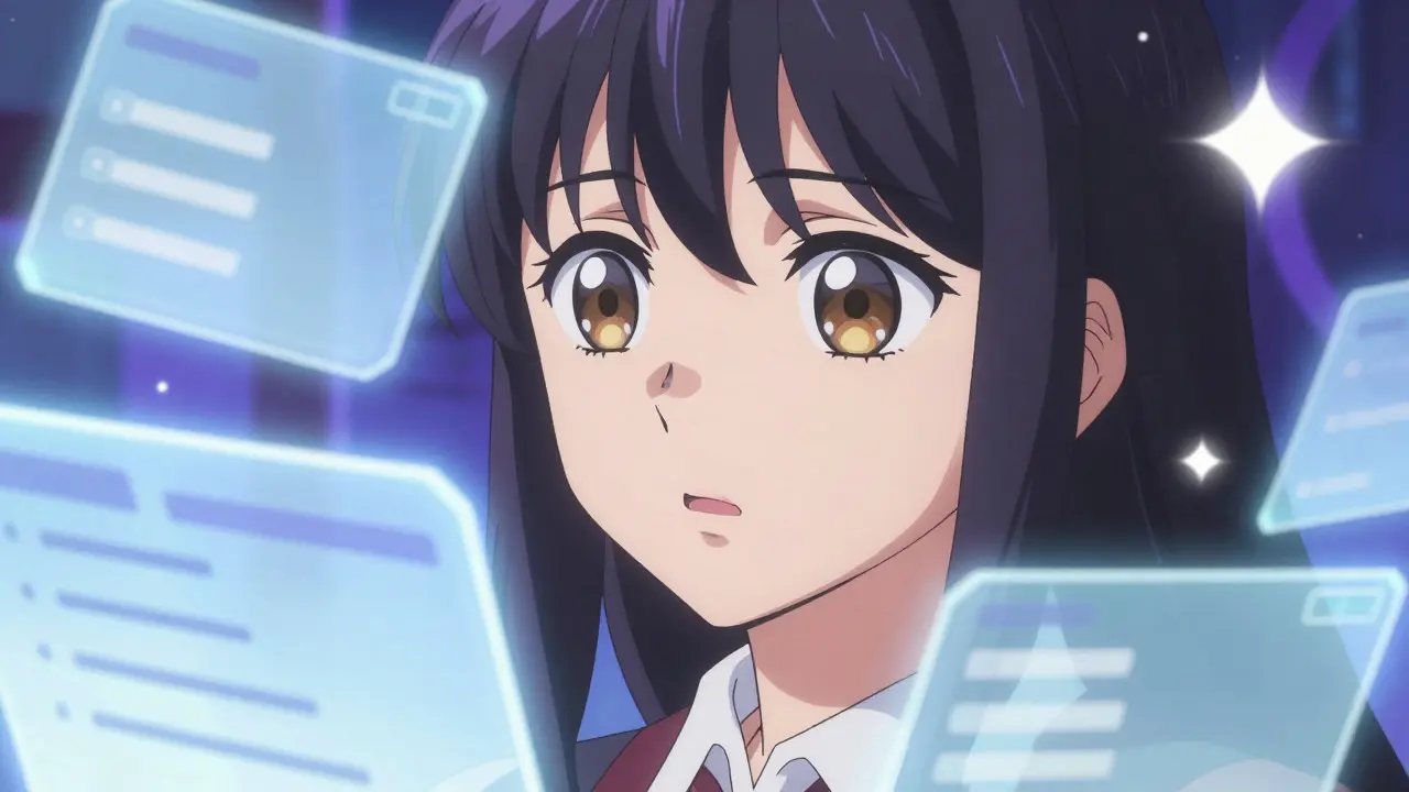 Close-up of an anime girl with skeptical expression surrounded by holographic interfaces
