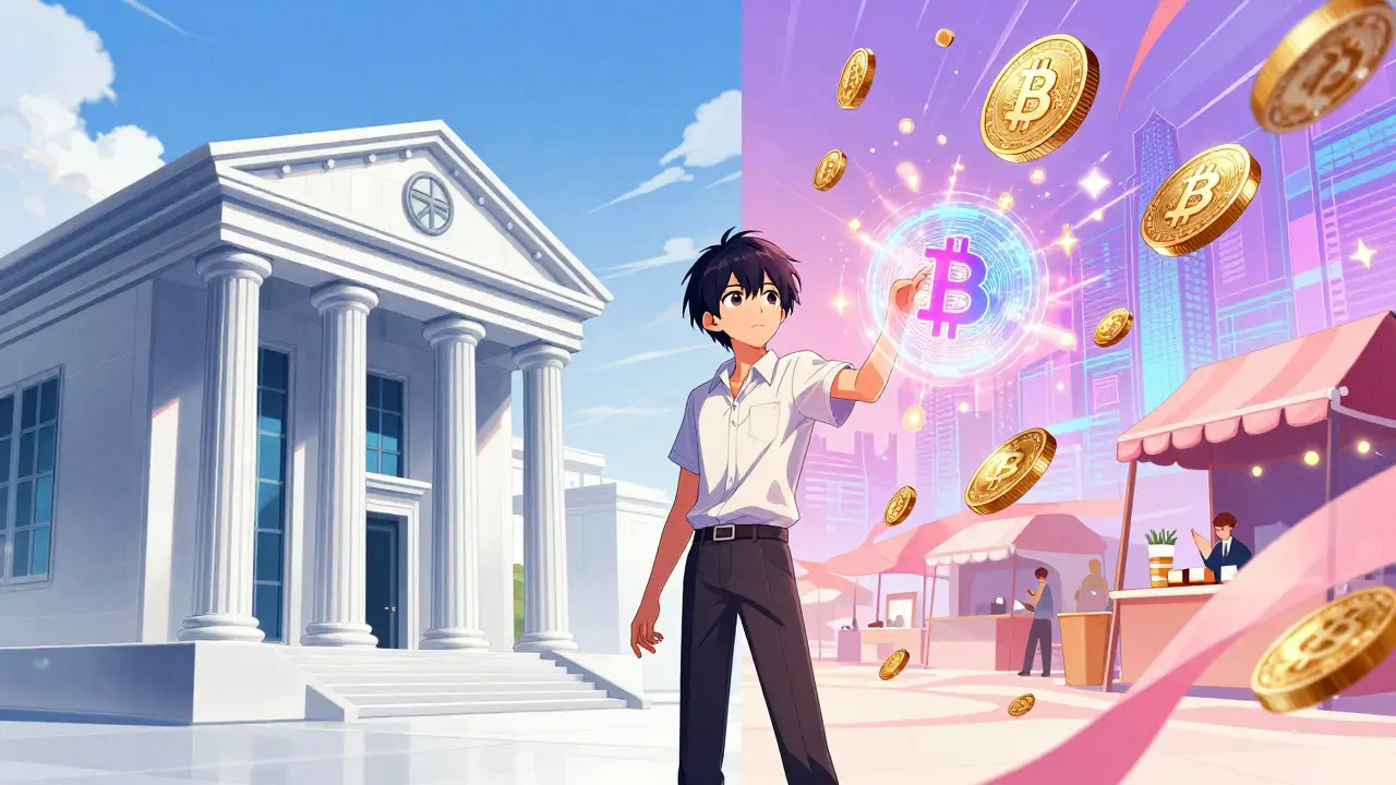 Conceptual split image showing the contrast between banks and crypto markets