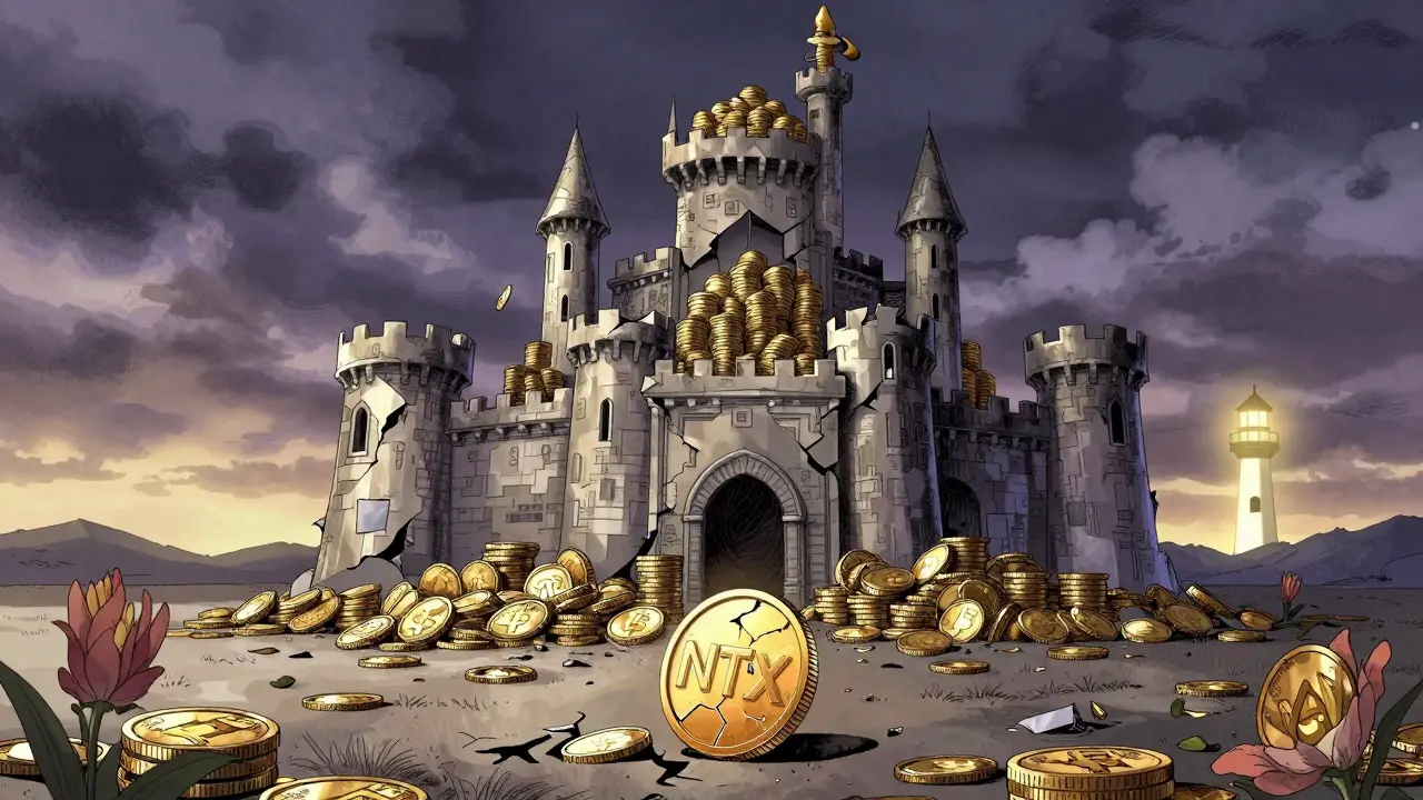 Crumbling digital castle and cracked token symbolizing failed crypto exchange