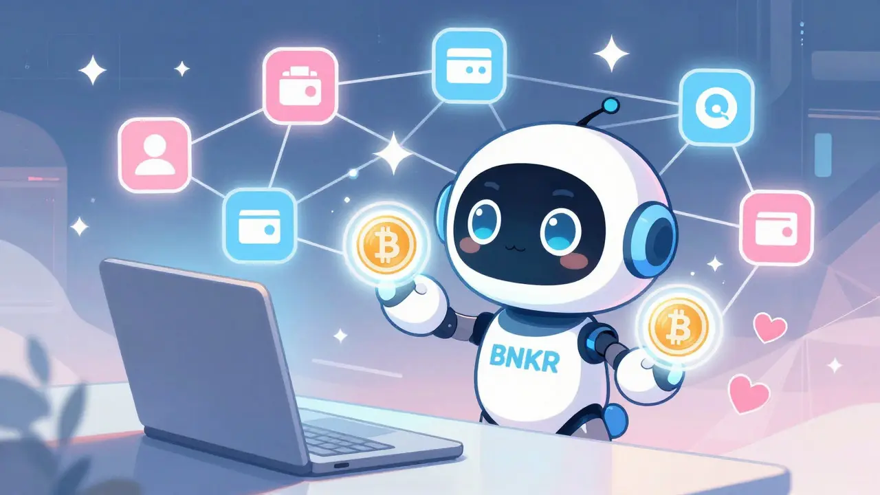 Cute AI robot character processing crypto transactions in manga style