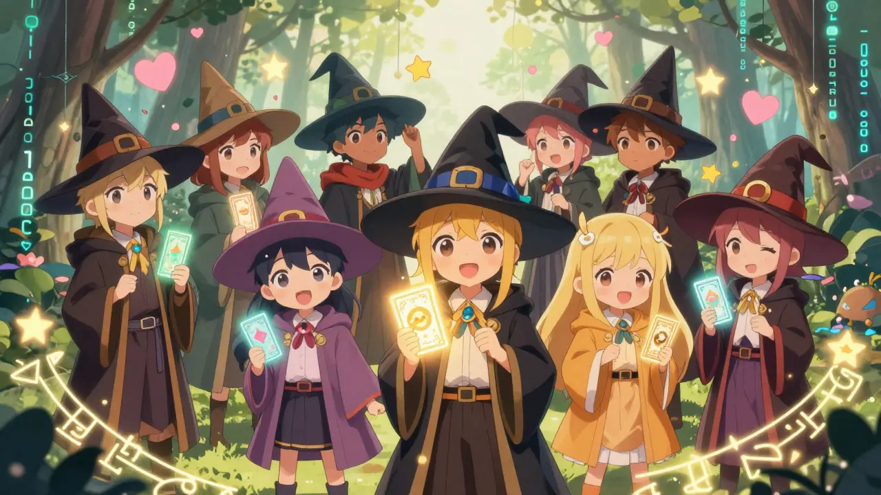 Cute anime wizards holding glowing NFT cards in a magical digital forest