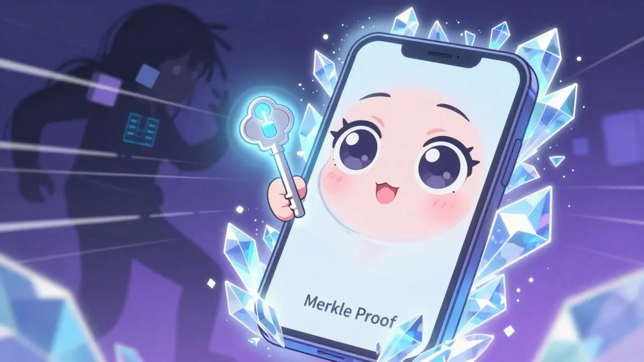 Cute smartphone anime character using a glowing Merkle proof for secure verification.
