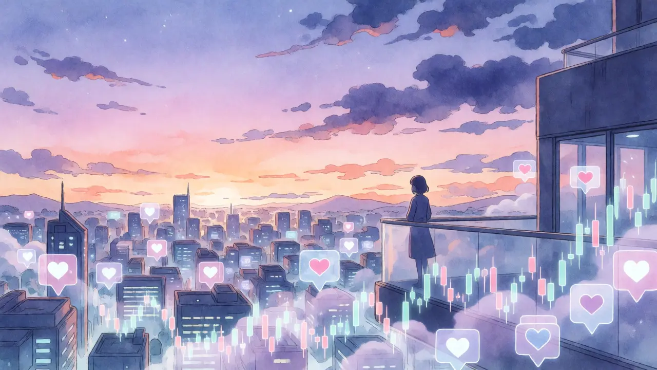Futuristic city at dusk with floating social media and chart symbols