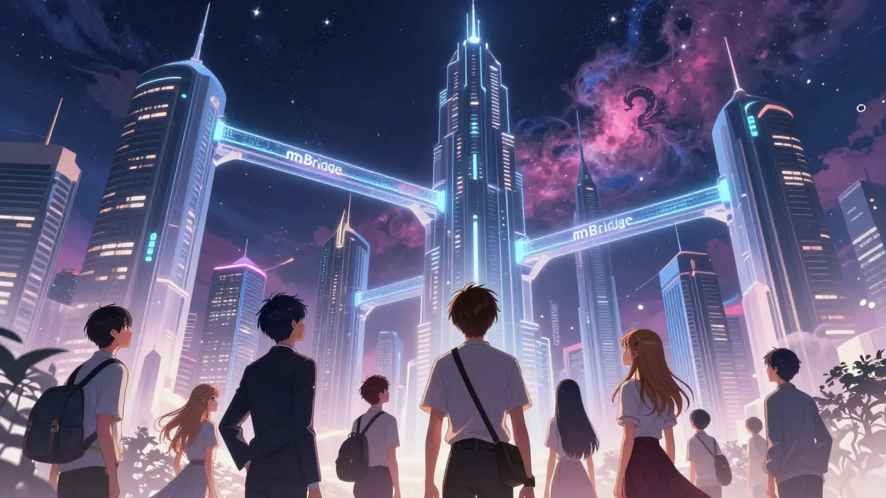 Futuristic cityscape with glowing digital connections representing blockchain growth