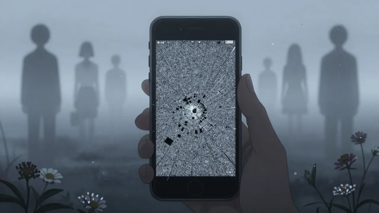 Hand holding a cracked phone with fading ghostly figures in the background
