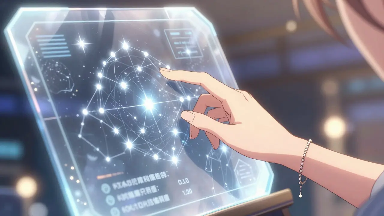 Hand touching a starry crystal interface panel in shoujo style