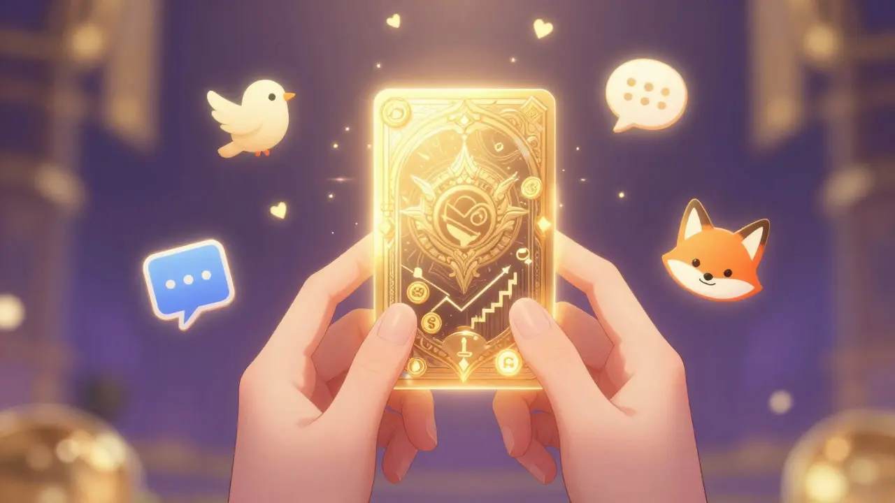 Hands holding glowing NFT card with fantasy and finance symbols