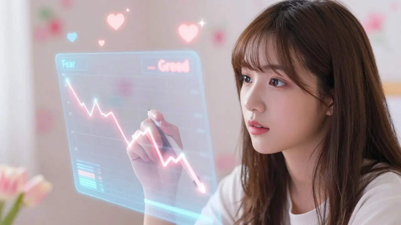 Manga character analyzing glowing sentiment data charts in a pastel room