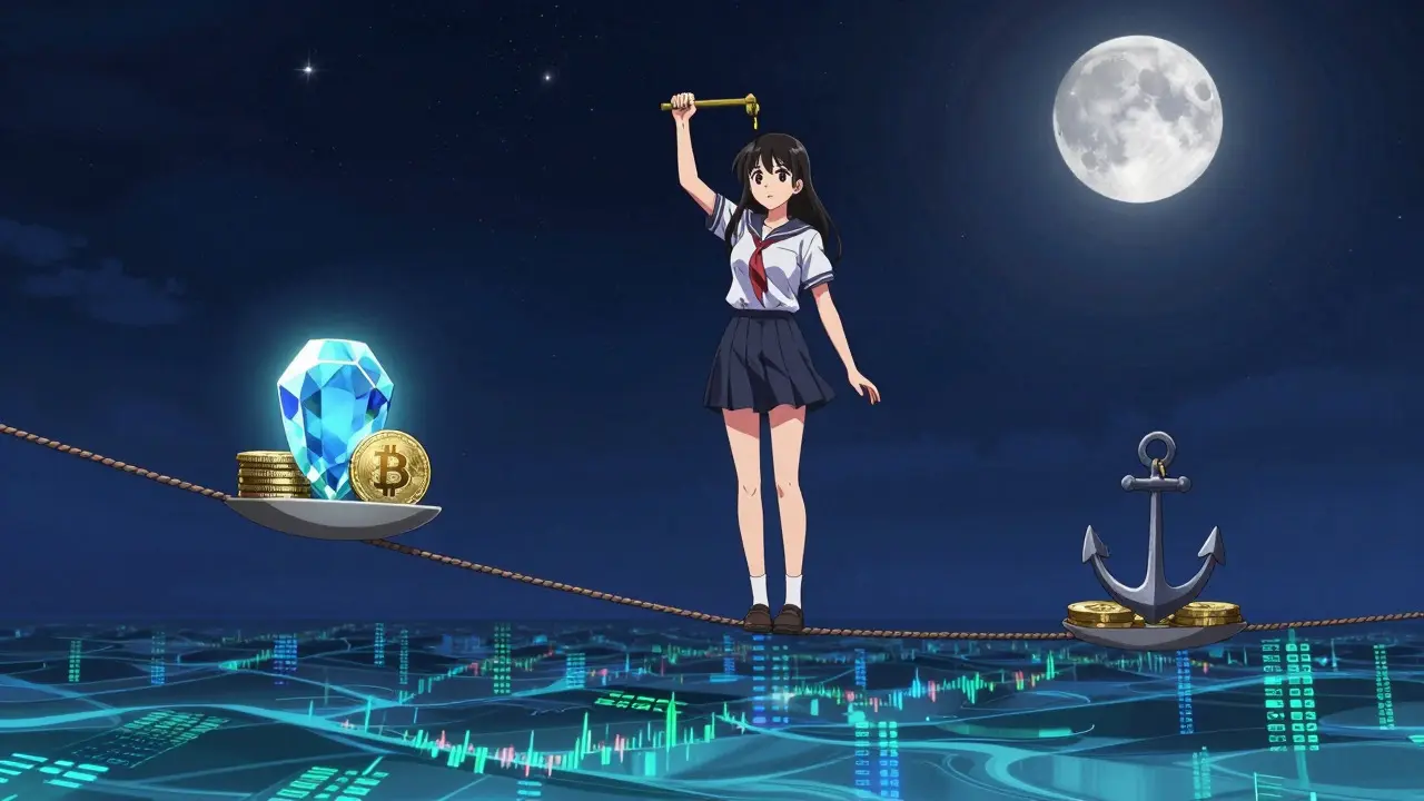 Manga character balancing risk and reward in crypto
