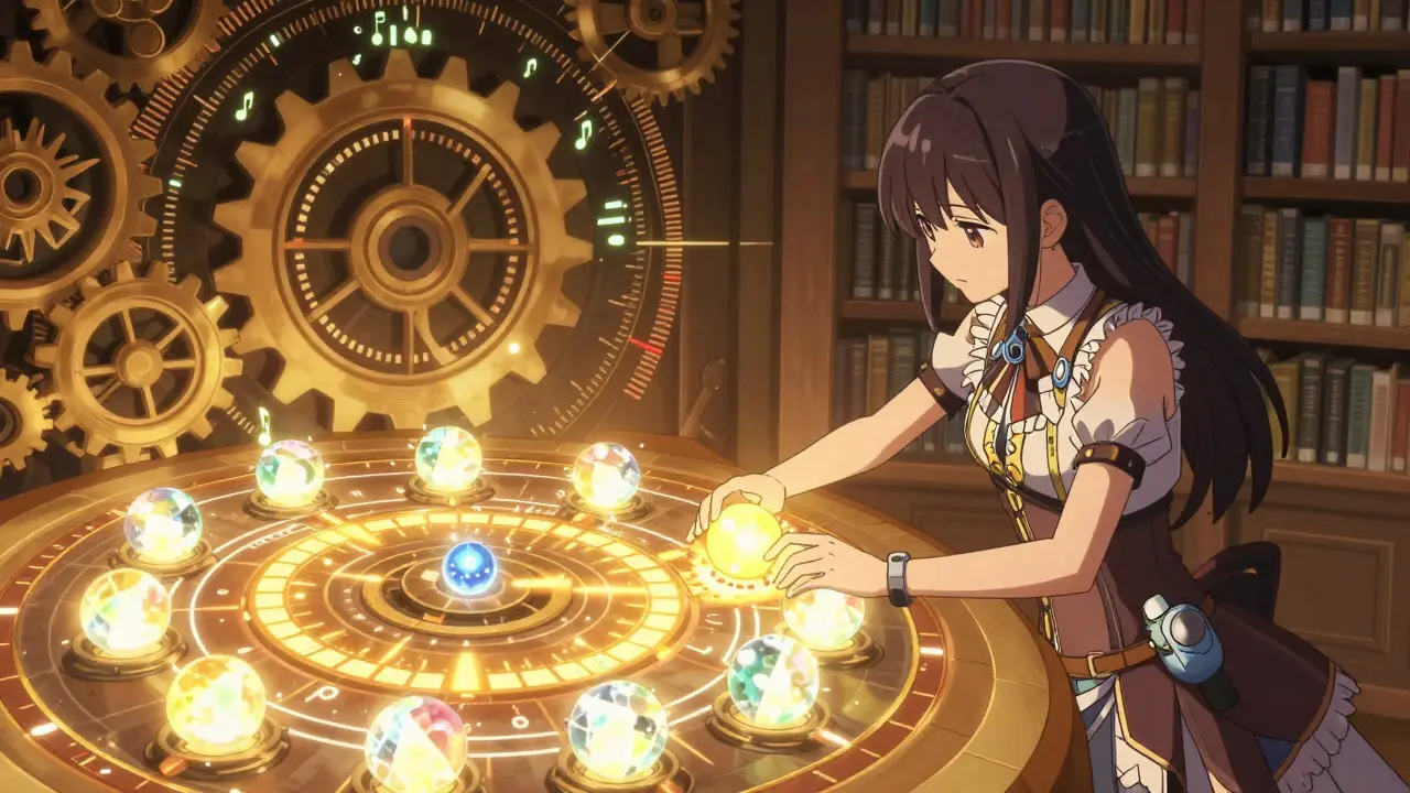 Manga character managing glowing liquidity orbs in a magical interface