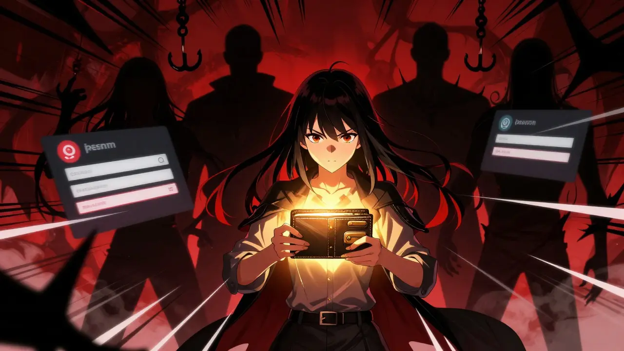 Manga character protecting wallet from shadowy scam figures