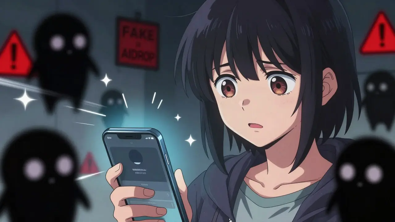 Manga character wary of shadowy scam figures near a phone screen.
