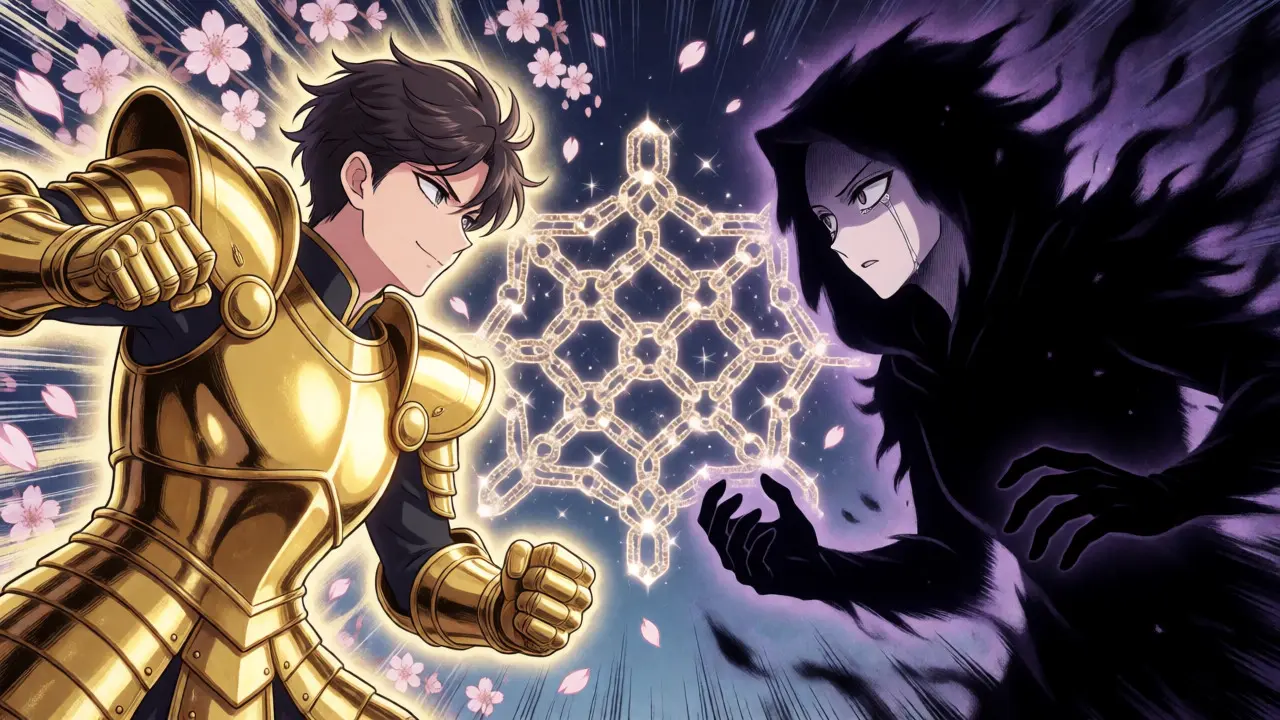 Manga characters representing greed and fear battling over a blockchain network