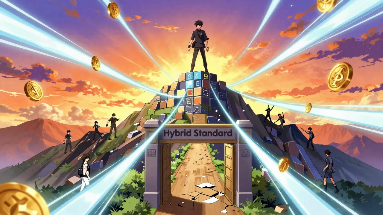 Manga scene of a character climbing a digital mountain after passing a gate, showing hybrid vesting