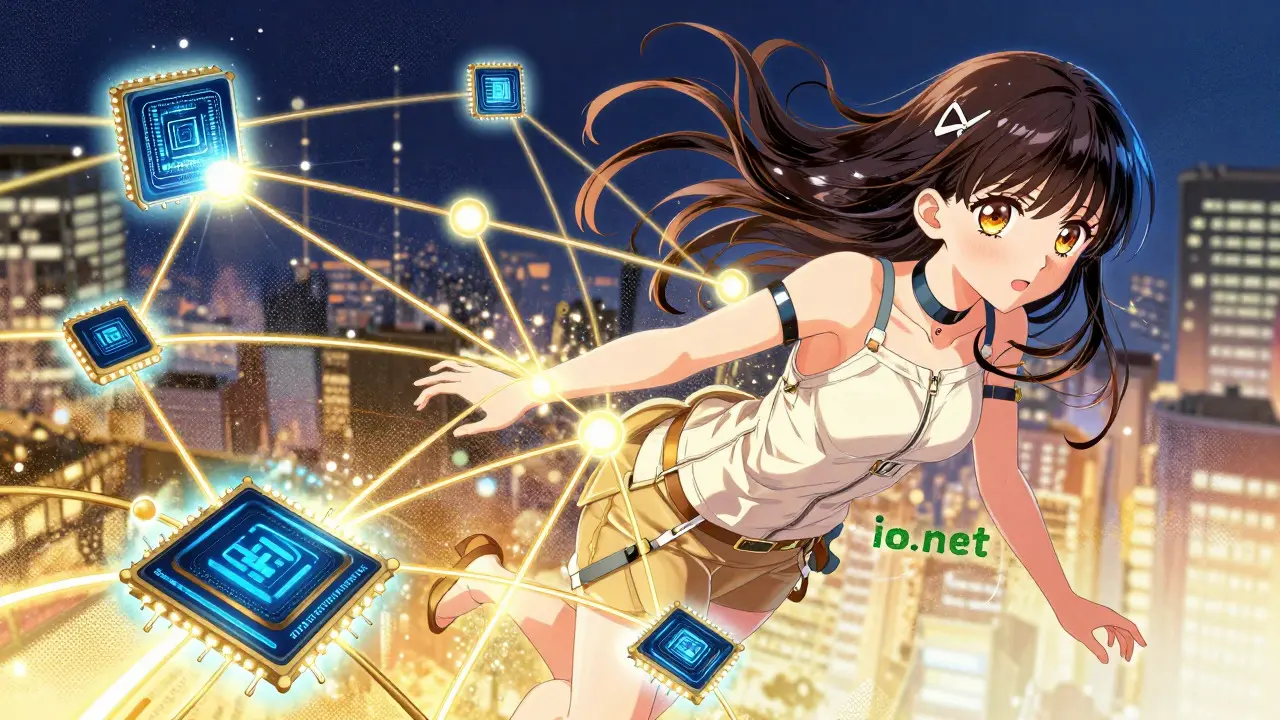 Manga style illustration of a decentralized GPU network powering AI