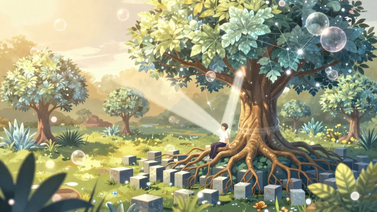 Serene anime scene of a user connected to a crystalline Merkle tree in a digital garden.
