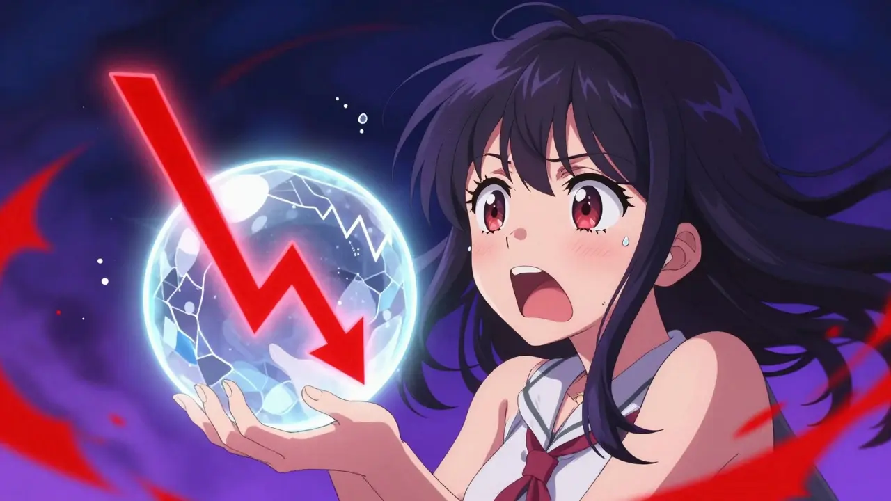 Shocked anime girl looking at a crystal orb showing a crashing crypto price chart