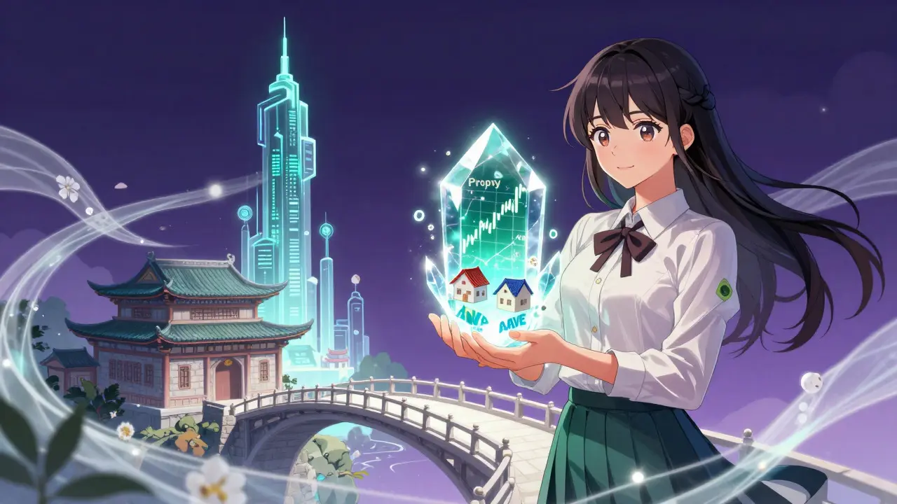 Shoujo anime character holding a crystal with real estate and finance icons