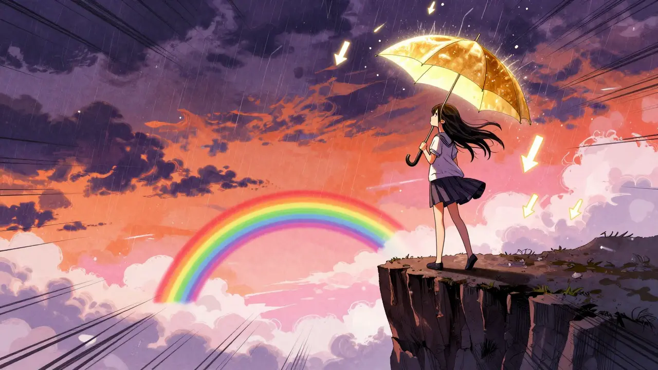 Shoujo style girl holding a golden umbrella against market storm clouds