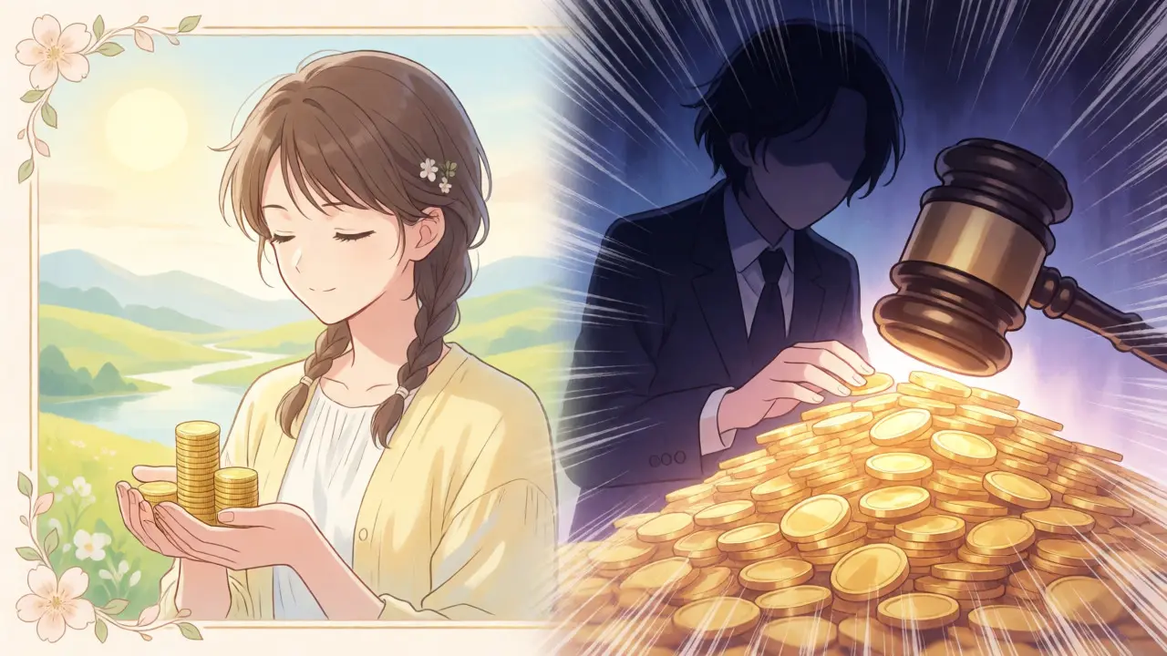 Split-screen anime art contrasting non-willful and willful FBAR penalties.