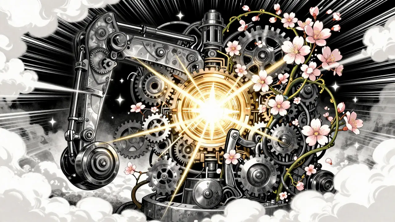 Stylized mining rig merged with flowers representing synthetic assets in anime art