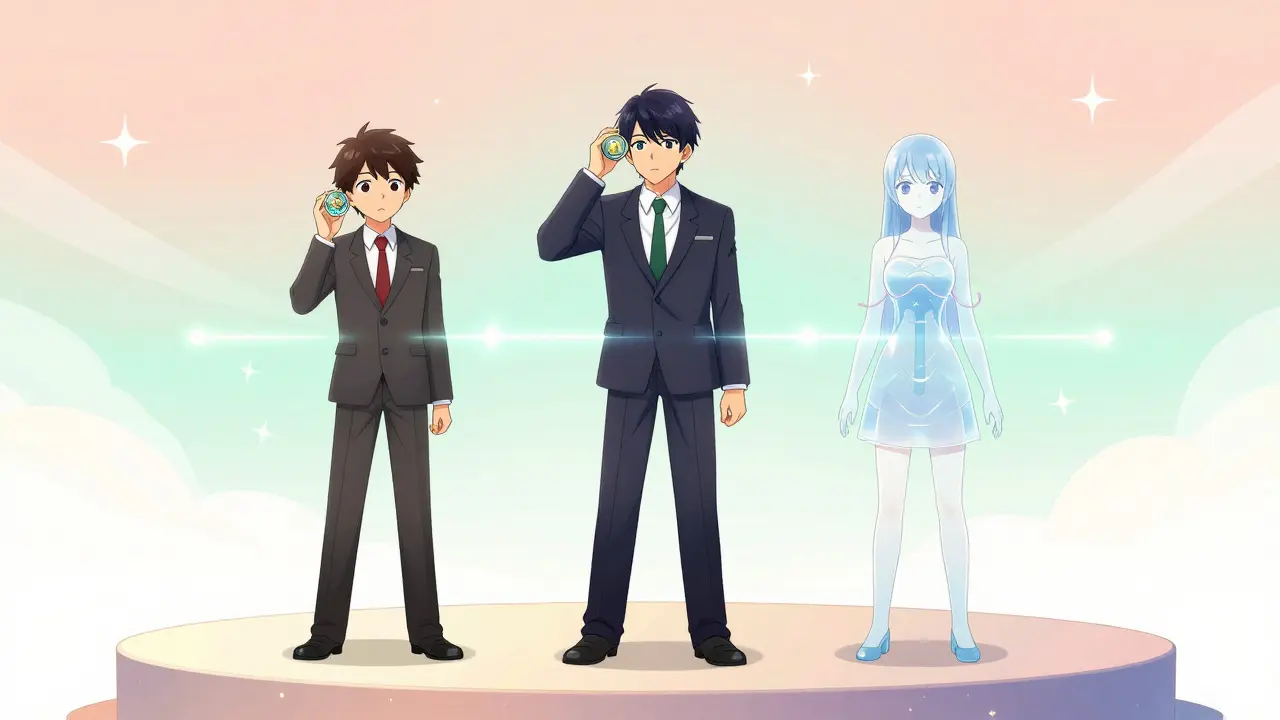 Three anime characters representing different crypto assets standing on a stage