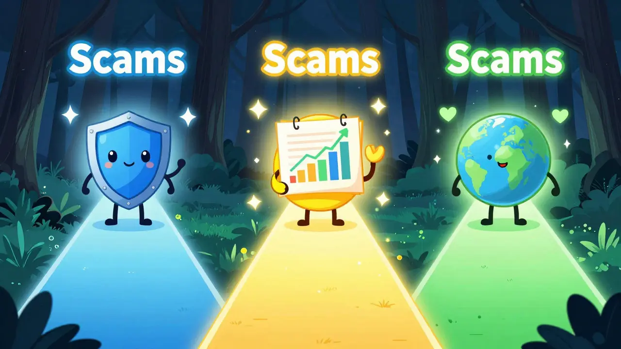 Three glowing safe paths led by mascots in anime style
