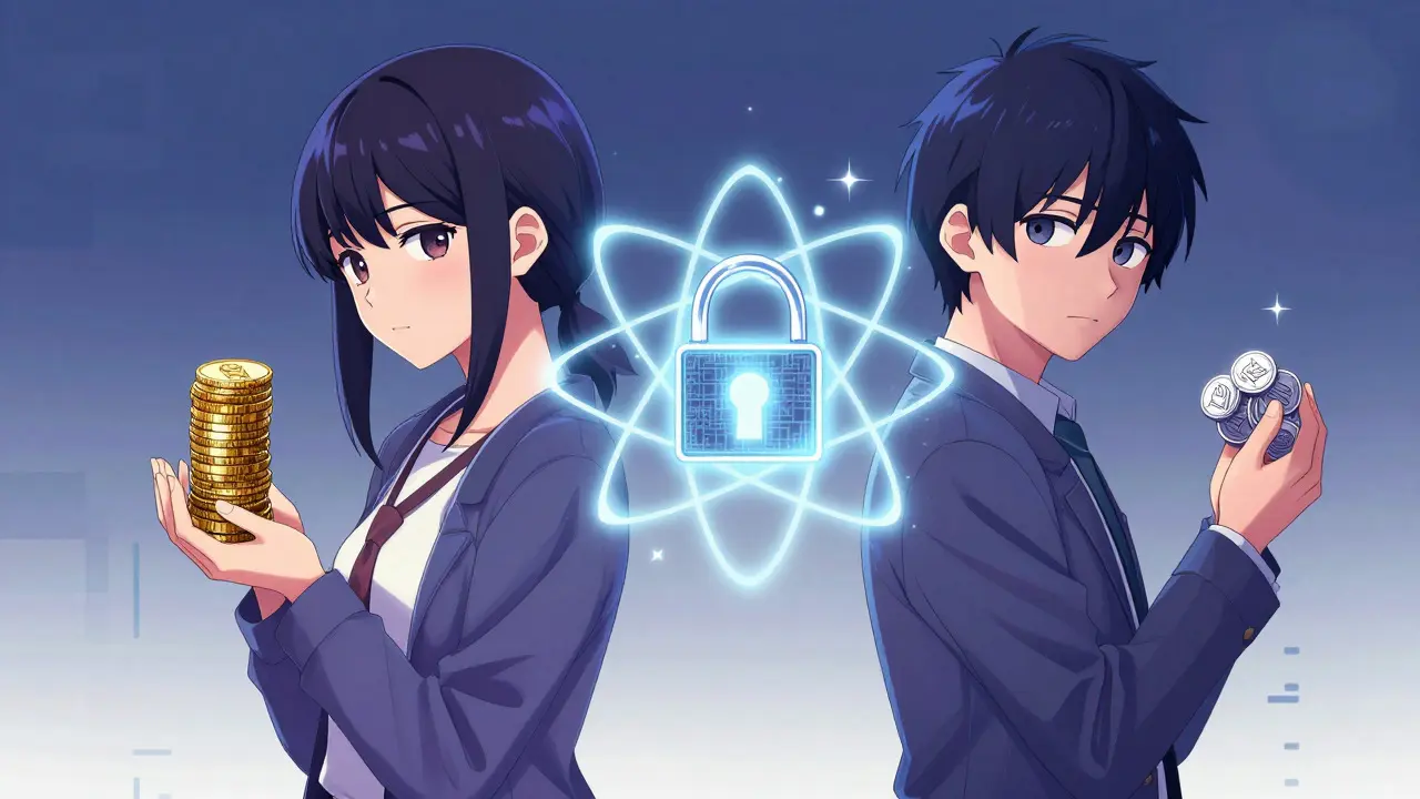 Two anime characters exchanging tokens via secure lock