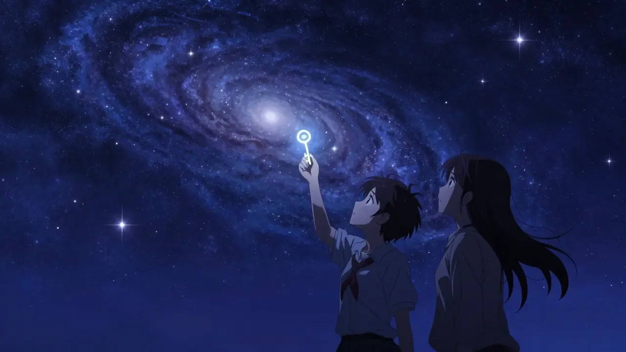 Two anime characters viewing a galaxy while holding a glowing key