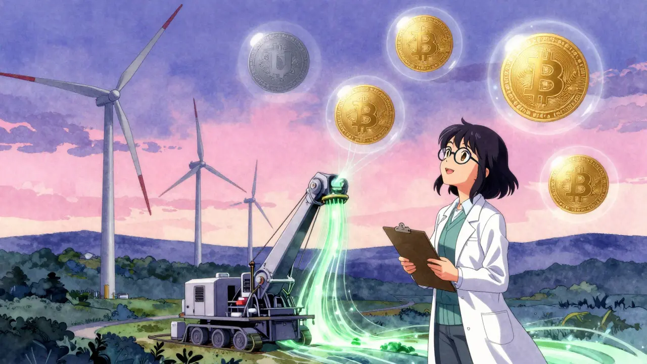 Woman analyzing a mining rig near wind turbines under a twilight sky