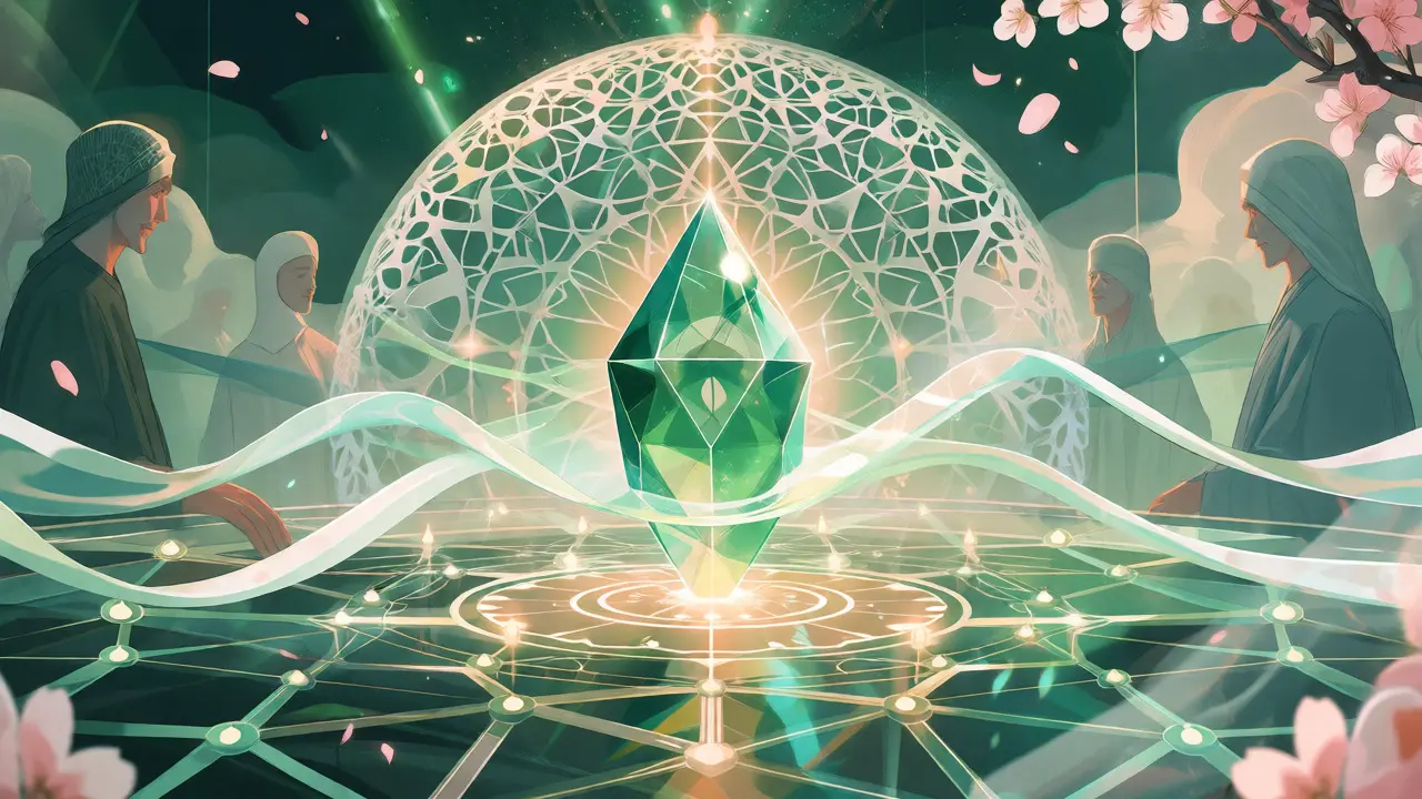 Abstract shoujo manga depiction of the HAQQ blockchain network structure