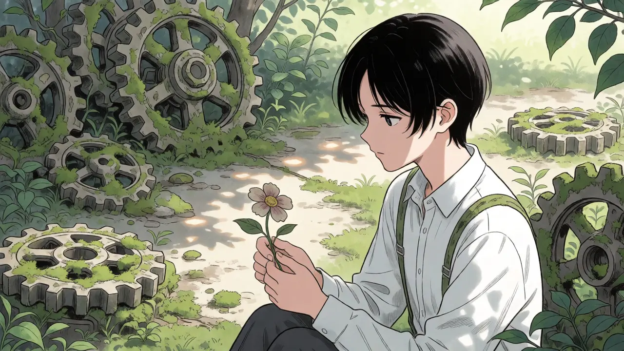 Anime character sitting in an overgrown garden with broken mechanical parts, holding a faded flower.